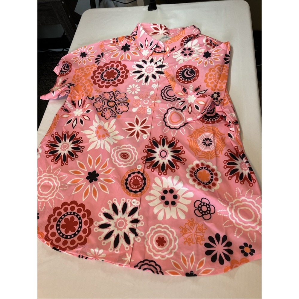 Bright Floral Button Up Top Women Large Pink New 60s 70s Retro Pattern